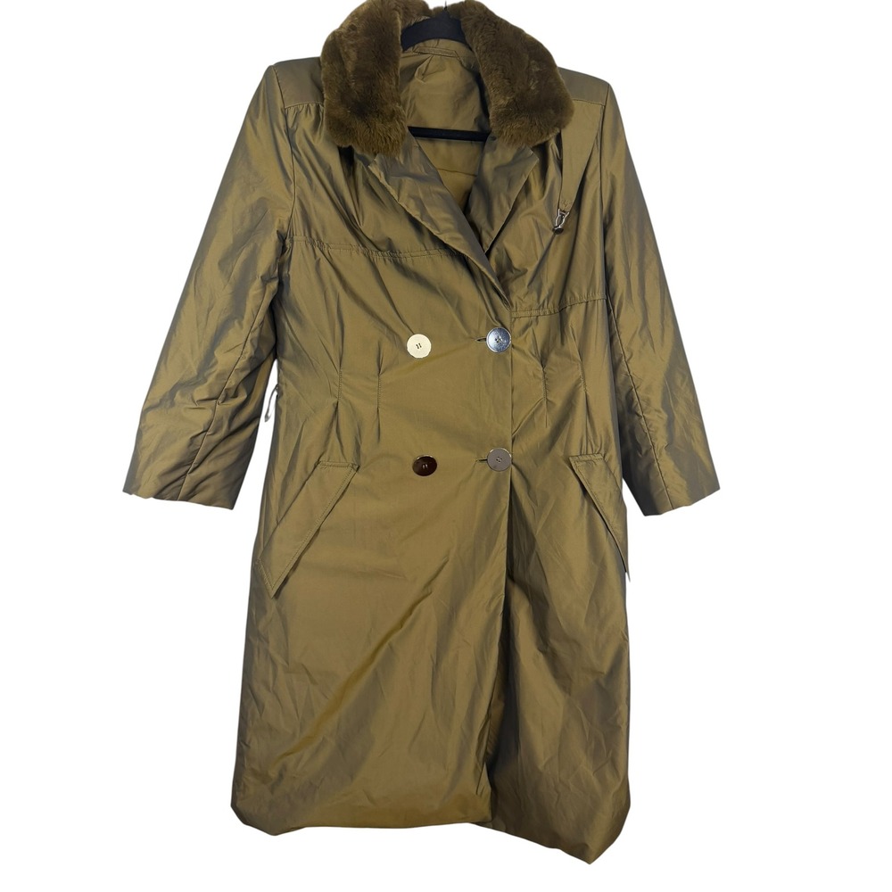 Vintage Bronze Gold Faux Fur Collar Double Breasted Trench Coat Longline Jacket